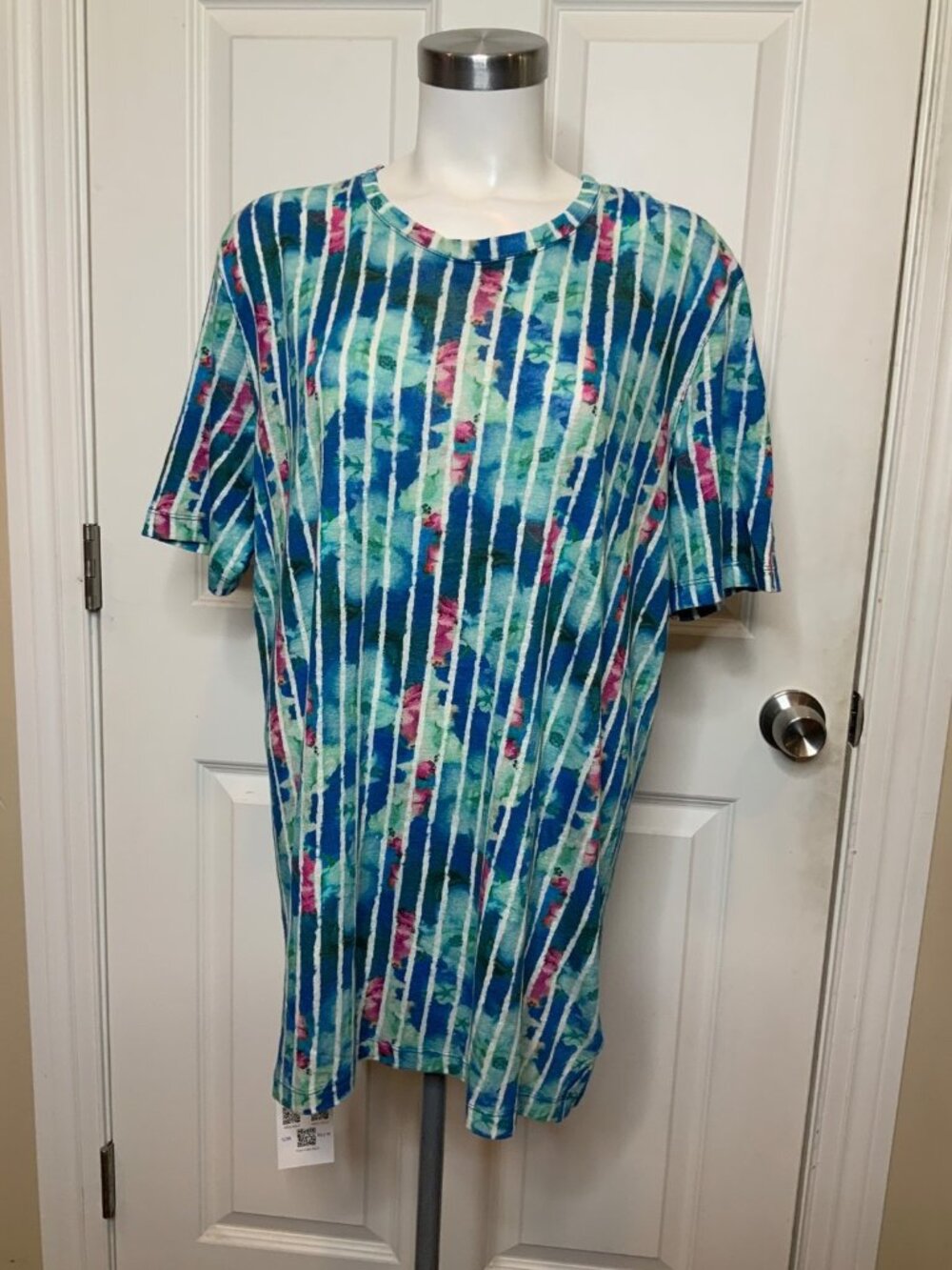 120% Lino Blue Striped Floral Tie-Die Linen T-Shirt NWT $325, Size 2XL